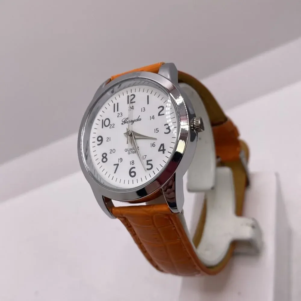 Womens Silver Tone Orange Watch Works New Battery